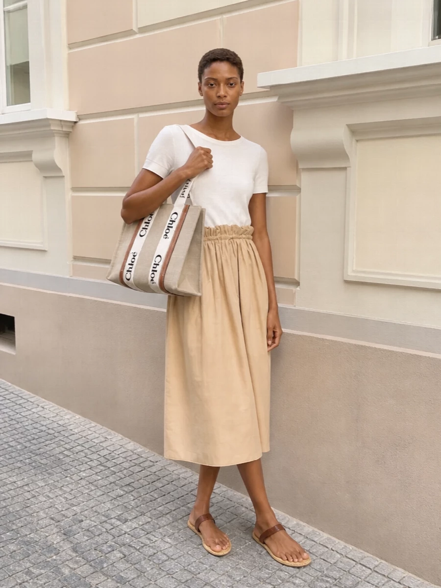I chose the dress route so the Fabiana Filippi midi can echo the tote’s canvas and leather tones in one clean, tee-and-skirt silhouette. The result is an easy neutral column that feels relaxed yet refined, perfect for warm days where you want quiet sophistication without effort. Saint Laurent’s raffia-soled thong sandal keeps everything light and sun-ready while nudging the outfit toward a soft boho mood that suits the Chloé tote.