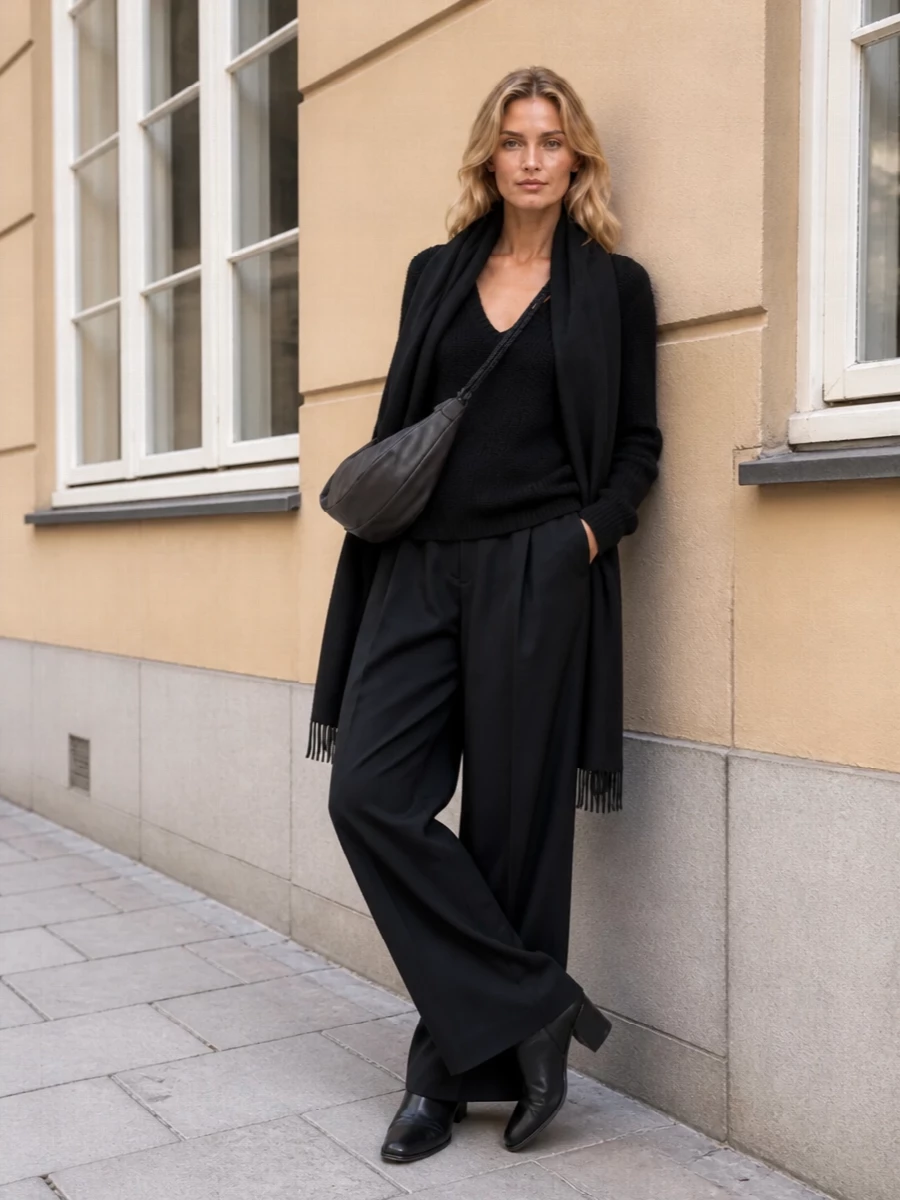 A deep V Lemaire knit drops into fluid black wide-leg tailoring for a clean, elongated column that reads quietly confident rather than severe. Sculptural ankle boots and a curved cross-body keep the silhouette grounded but soft, while a long black scarf adds depth and warmth within the same restrained palette. It is a composed, city-ready uniform that moves easily from studio hours to late dinners without ever feeling over-styled.