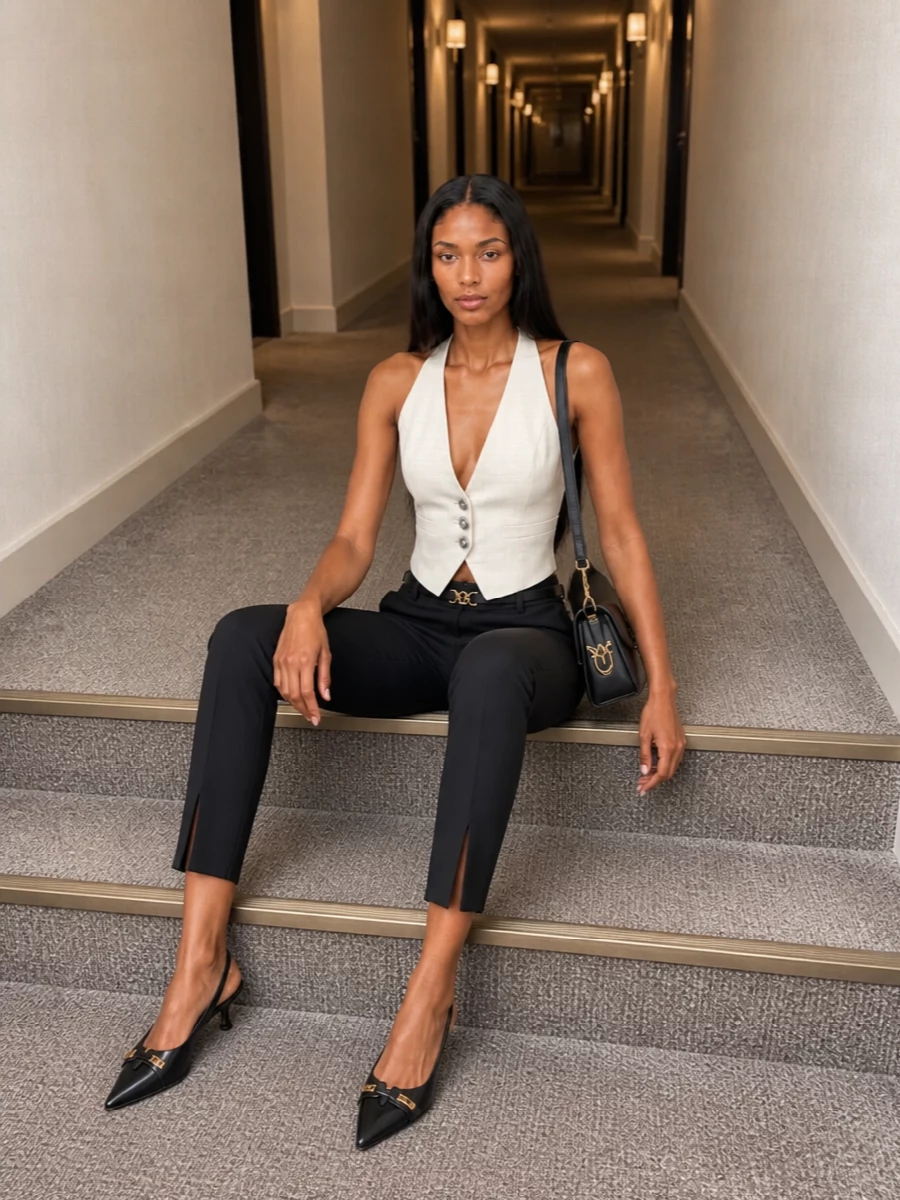 Pinko’s high-waisted slit trouser meets a sculpted ivory halterneck waistcoat for a sharp, modern take on evening tailoring in black and soft cream. A black slingback kitten heel and compact Love Birds flap bag keep everything sleek and leggy, while a slim logo belt quietly anchors the waist. The result is clean, minimal and confidently dressy for dinners, gallery openings or city nights out.