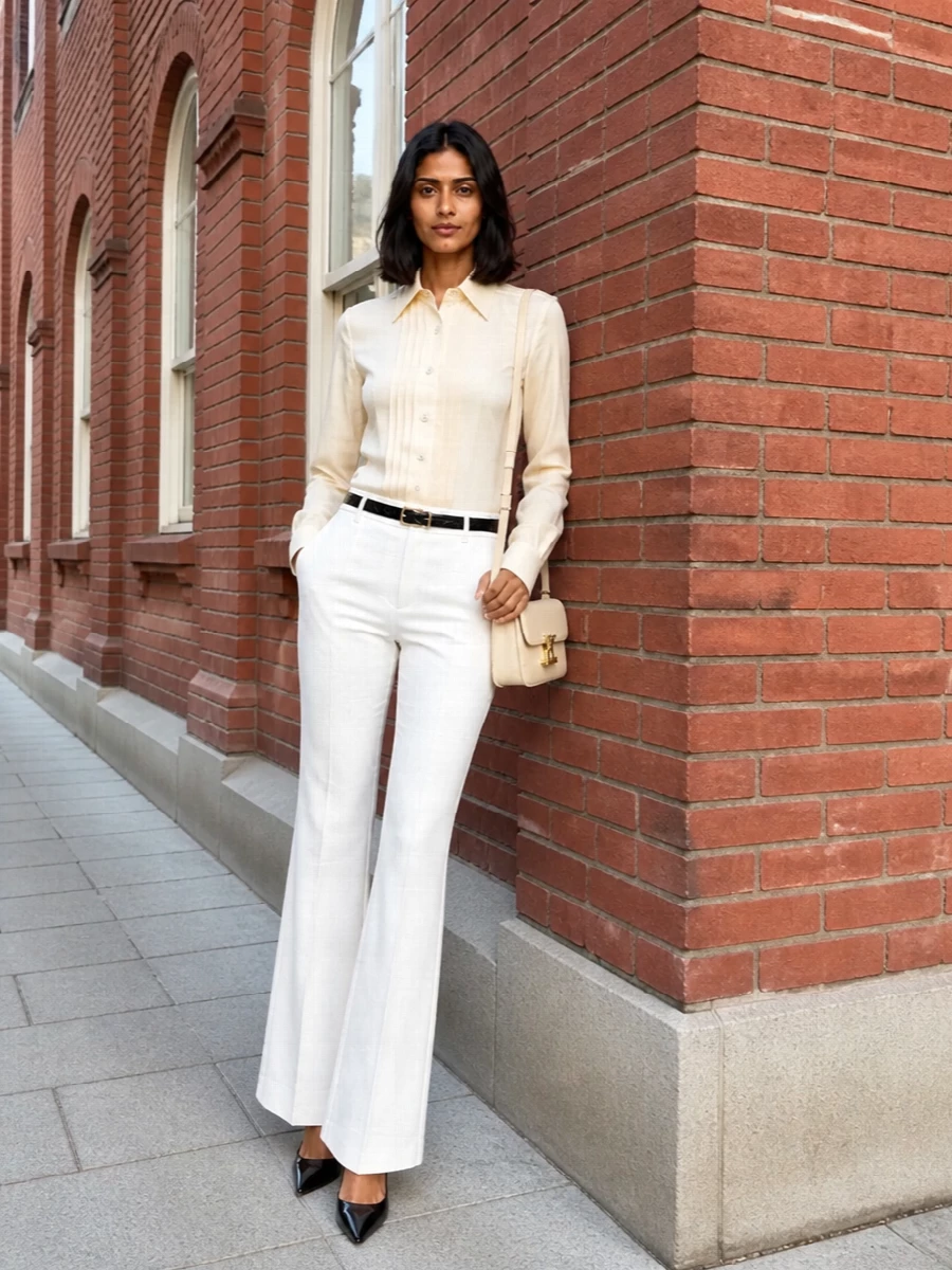 Designer white flared trousers tuxedo shirt outfit