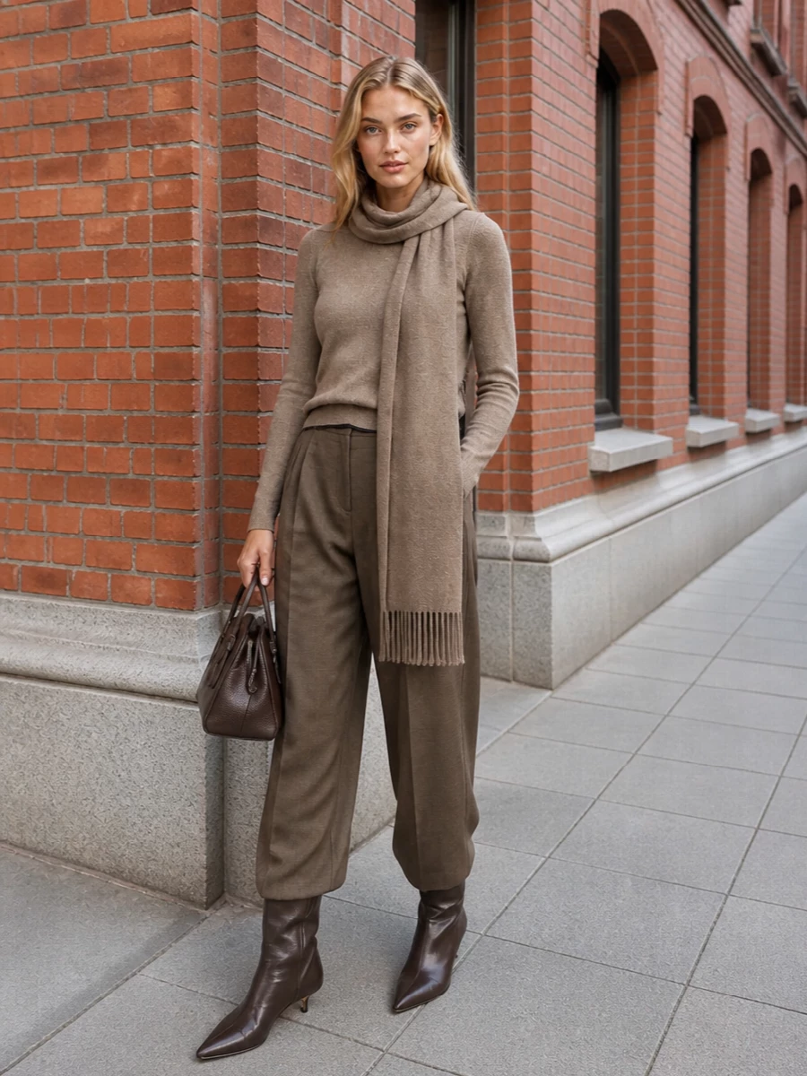 Jacquemus taupe sweater wide leg trousers outfit