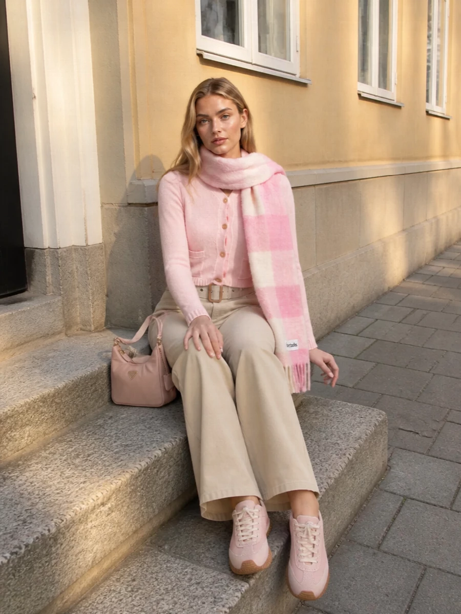 Acne studios pink cardigan wide leg jeans outfit