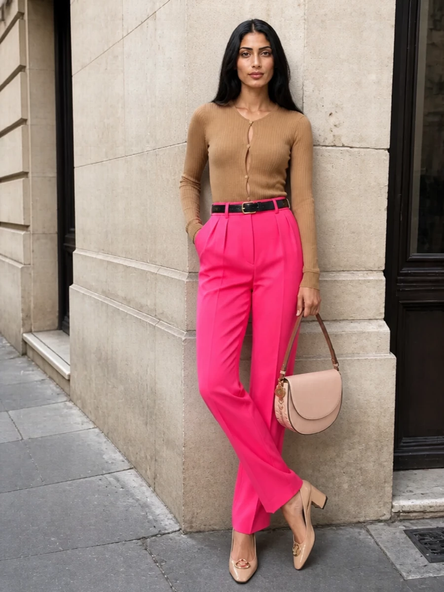 Pink tailored trousers camel knit office outfit