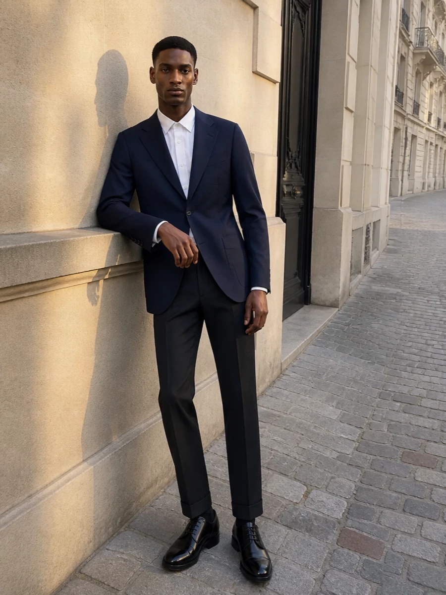 Valentino navy blazer charcoal trousers outfit