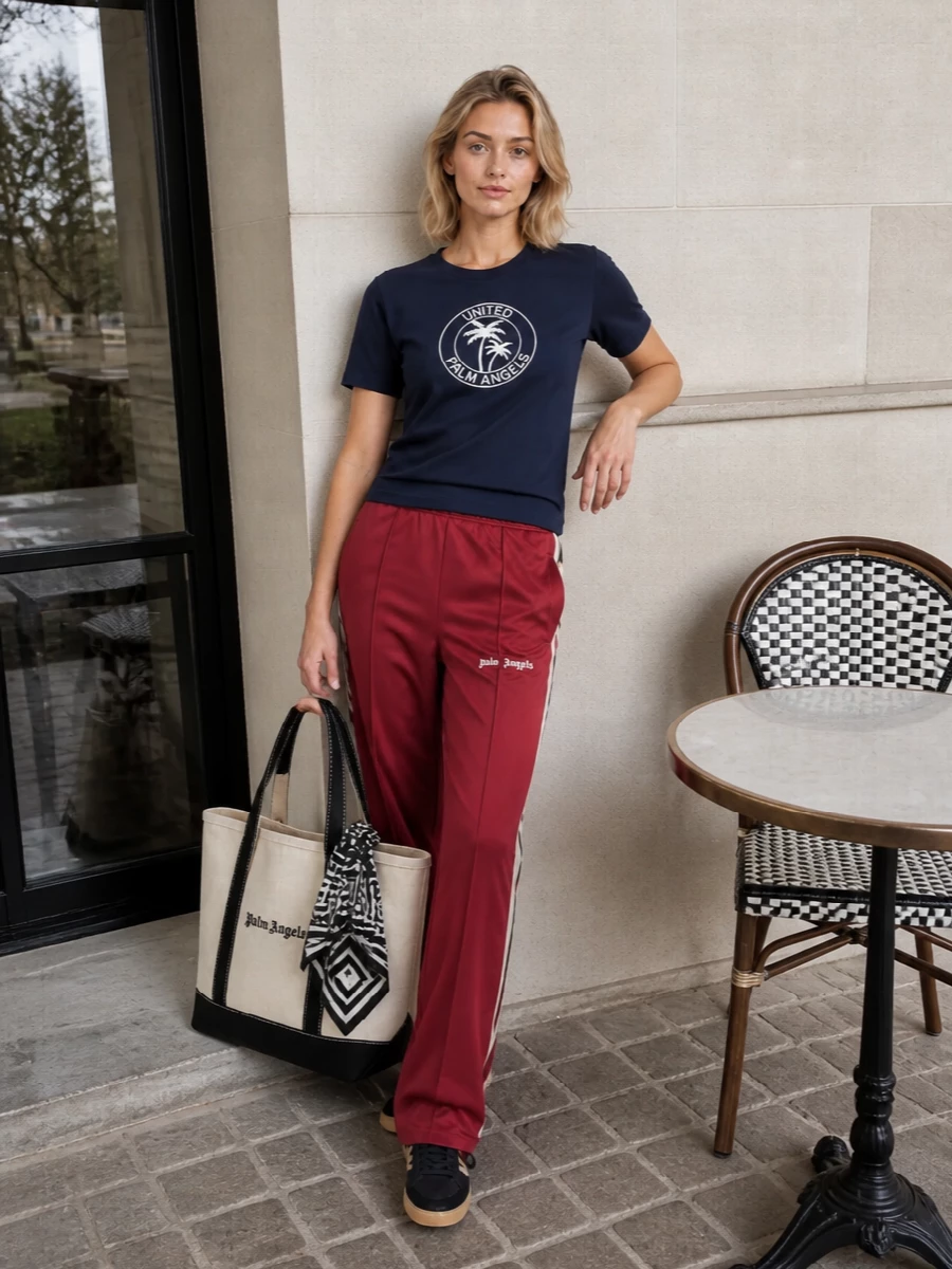 Palm angels navy tee red track pants outfit
