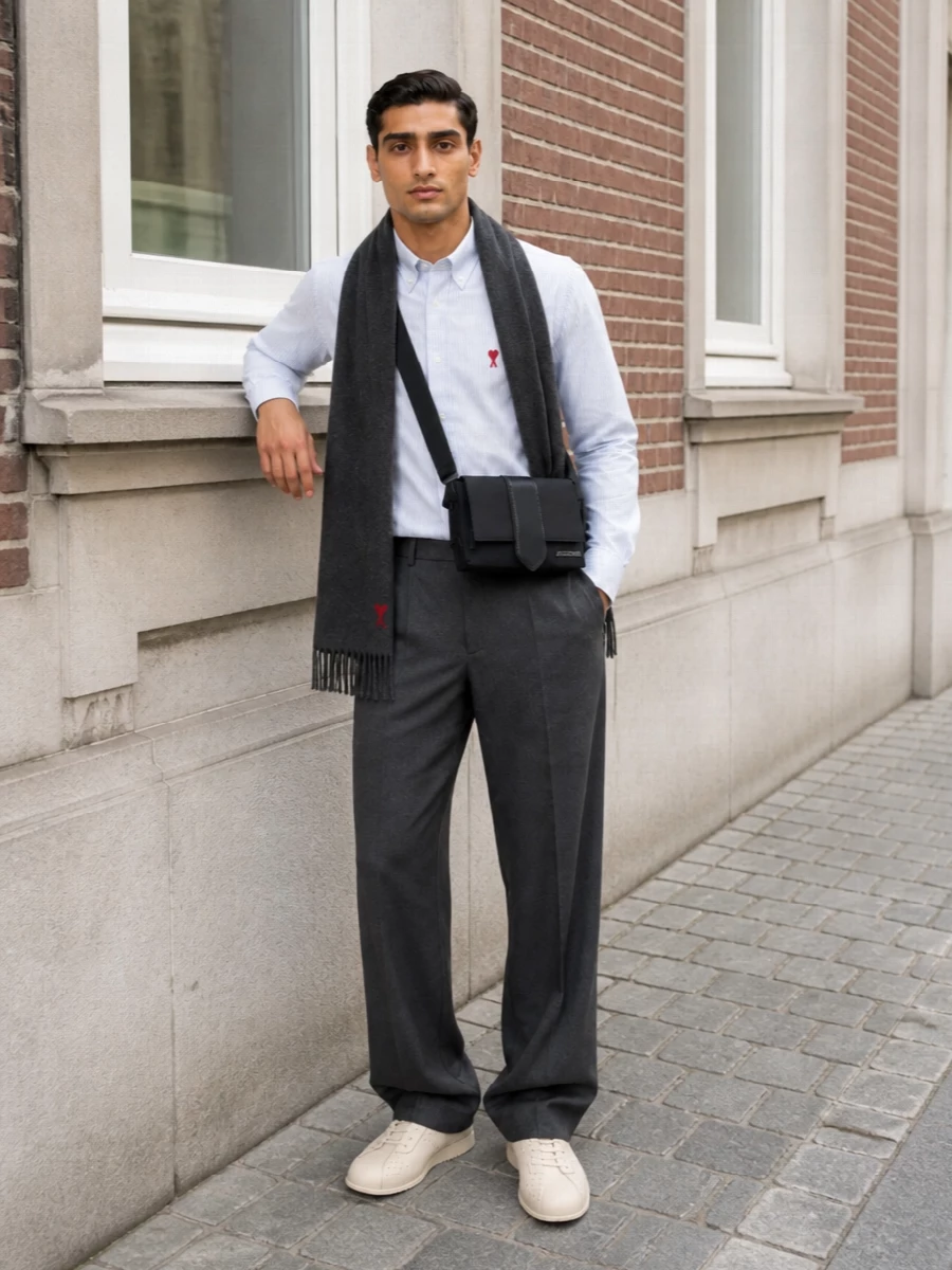 Ami paris striped shirt charcoal trousers outfit