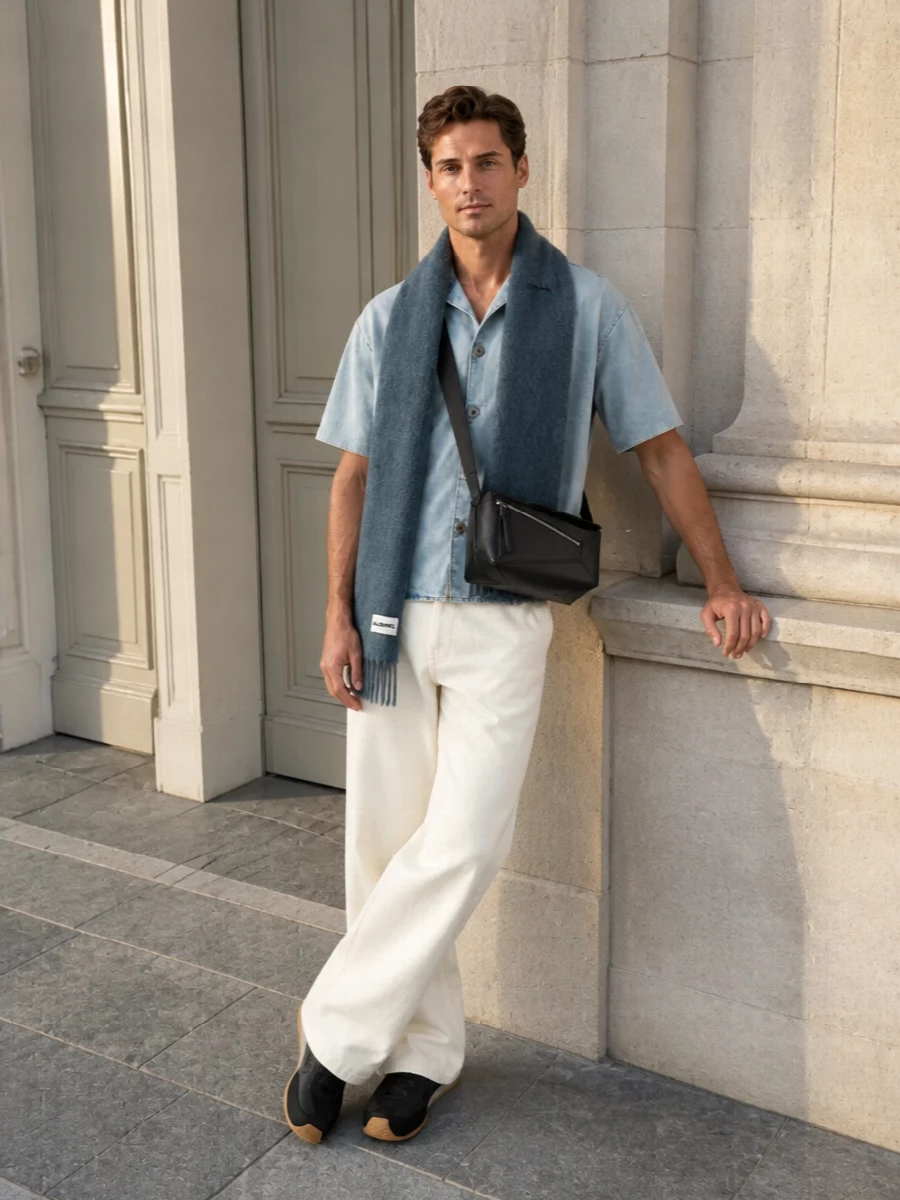 Loewe denim shirt cream wide leg jeans outfit