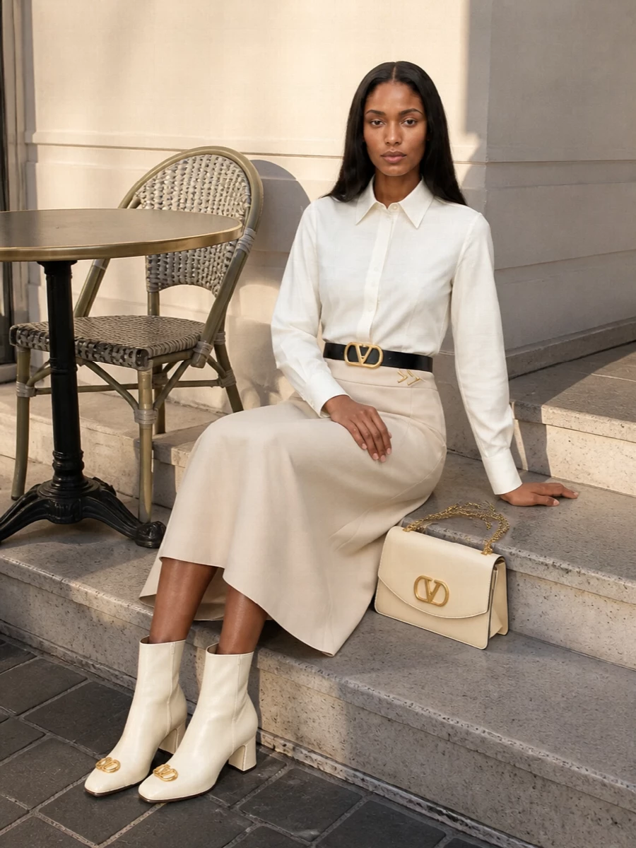 An ivory Valentino shirt tucked into the high-waisted beige A-line midi creates a calm, elongated column in soft neutrals. Cream ankle boots and a buttercream flap bag keep the tones refined and coherent, while a slim black VLogo belt adds just enough definition and polish. The result is quietly authoritative, ideal for important daytime meetings that segue into dinner reservations.