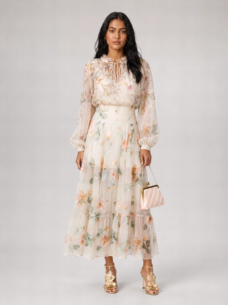 Zimmermann Silk Printed Ruffled Flared Midi Skirt