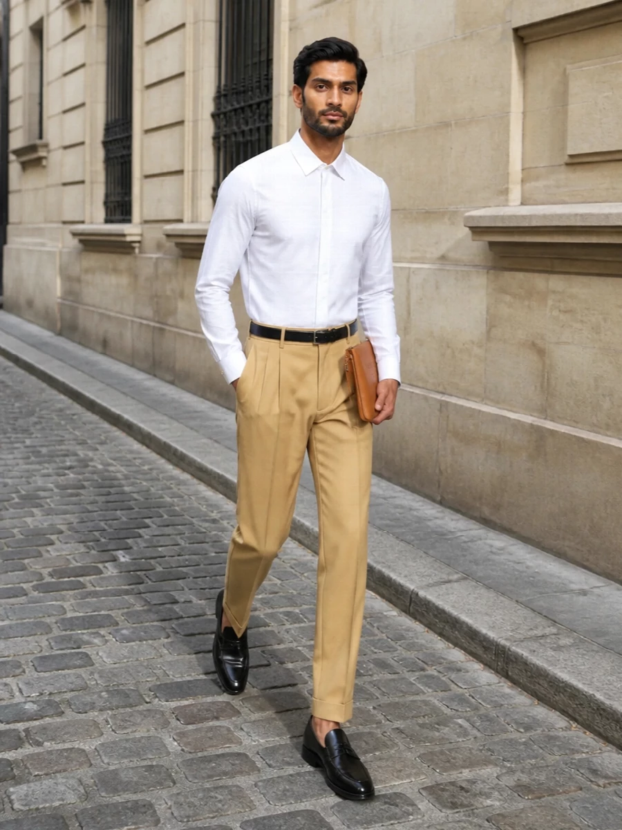 Saint laurent camel trousers white shirt outfit