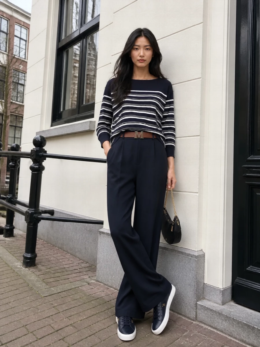 Weekend max mara striped sweater navy wide leg pants