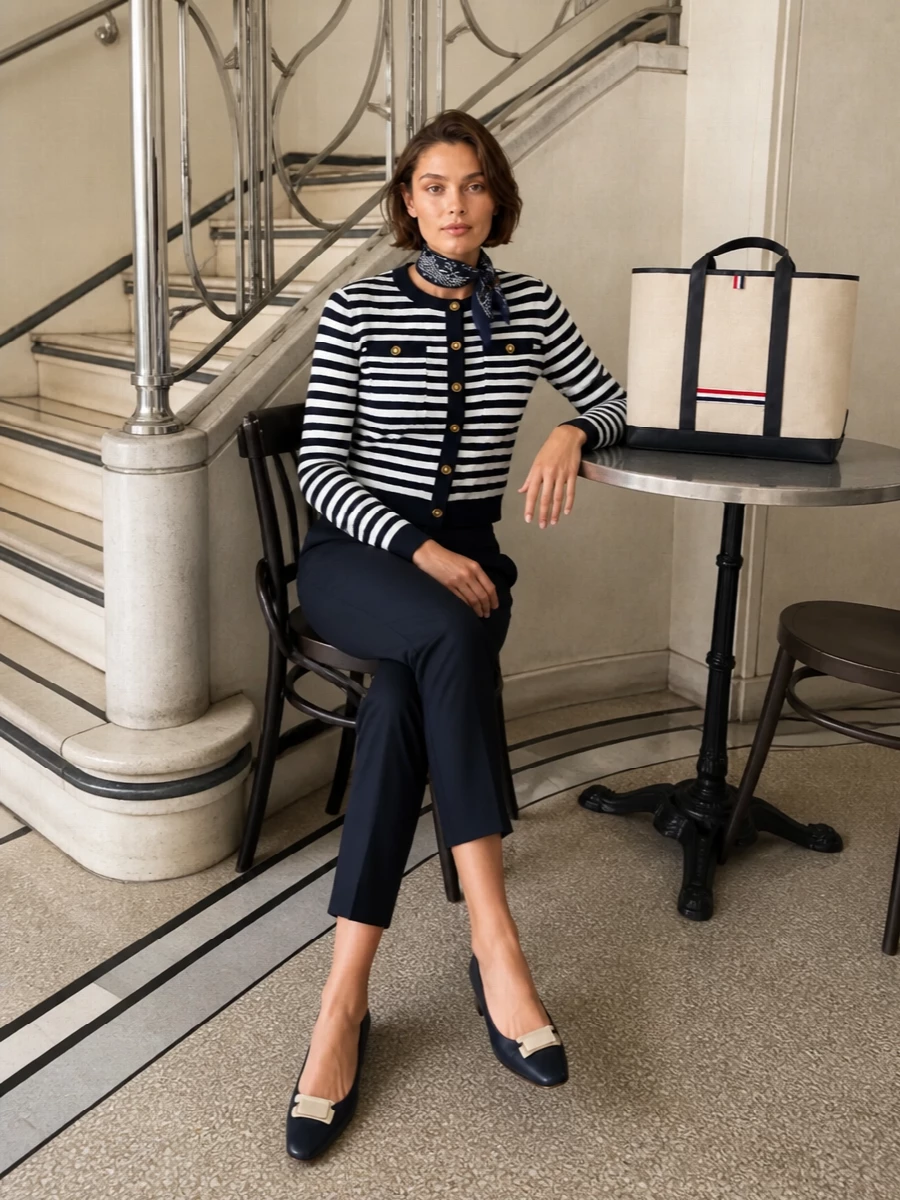 Thom browne navy cardigan tailored trousers outfit