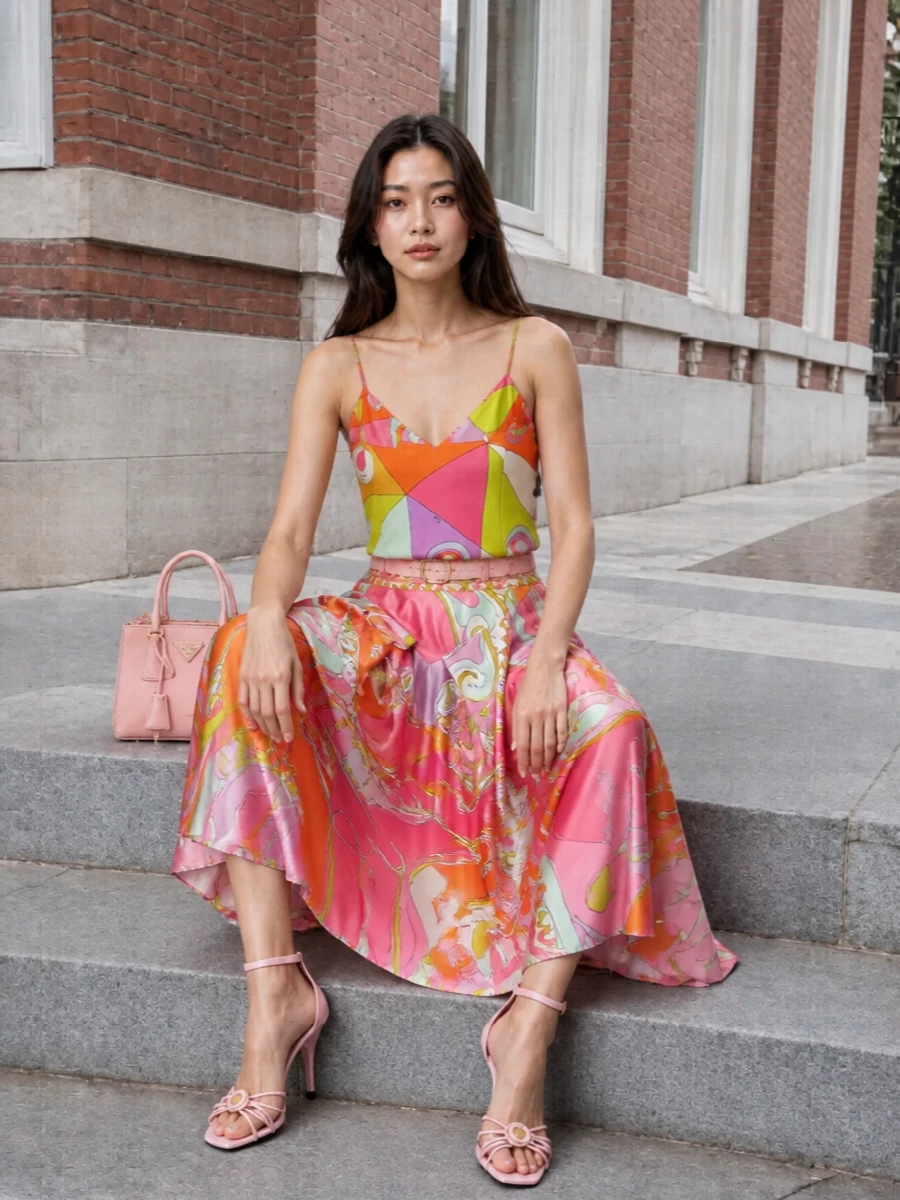 Pucci printed midi skirt pink heels outfit