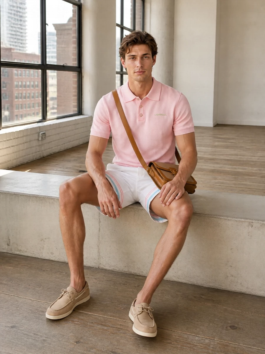 Casablanca pink polo white striped shorts outfit