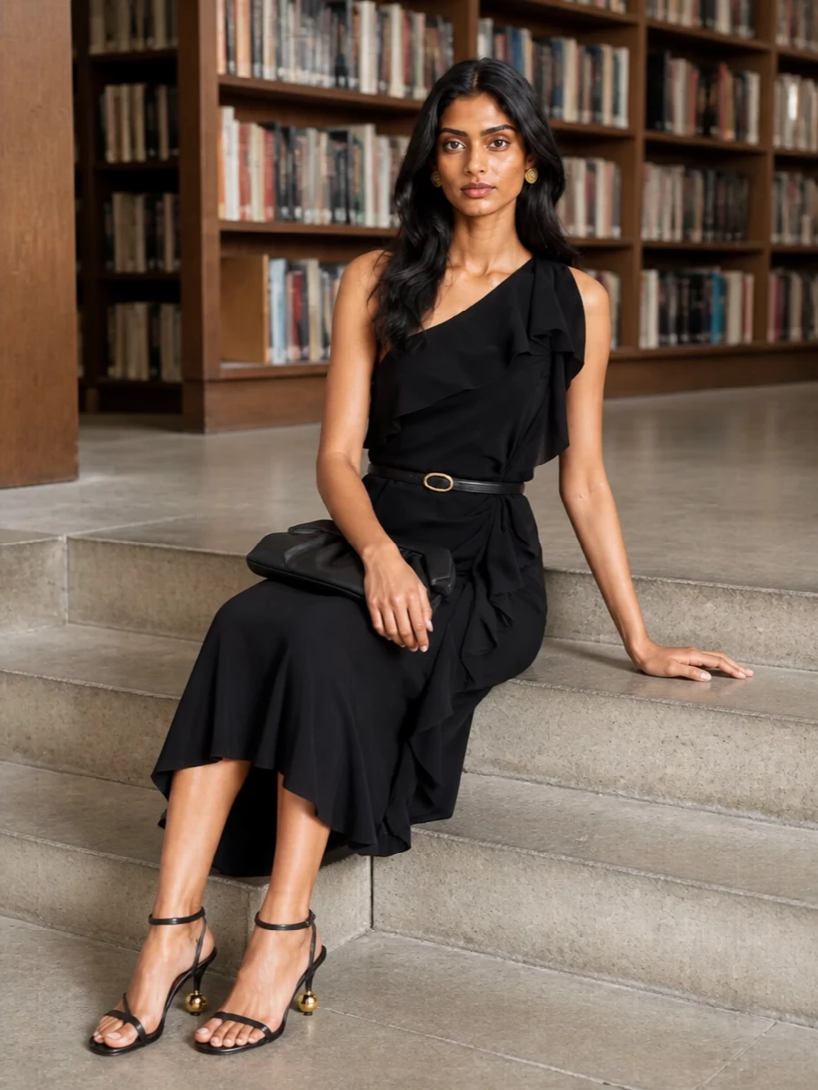 Moschino black one shoulder dress heels