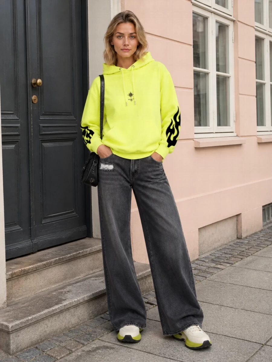 Givenchy neon hoodie wide leg jeans sneakers