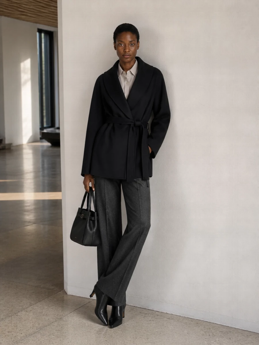 Andamane black wrap coat wide leg trousers