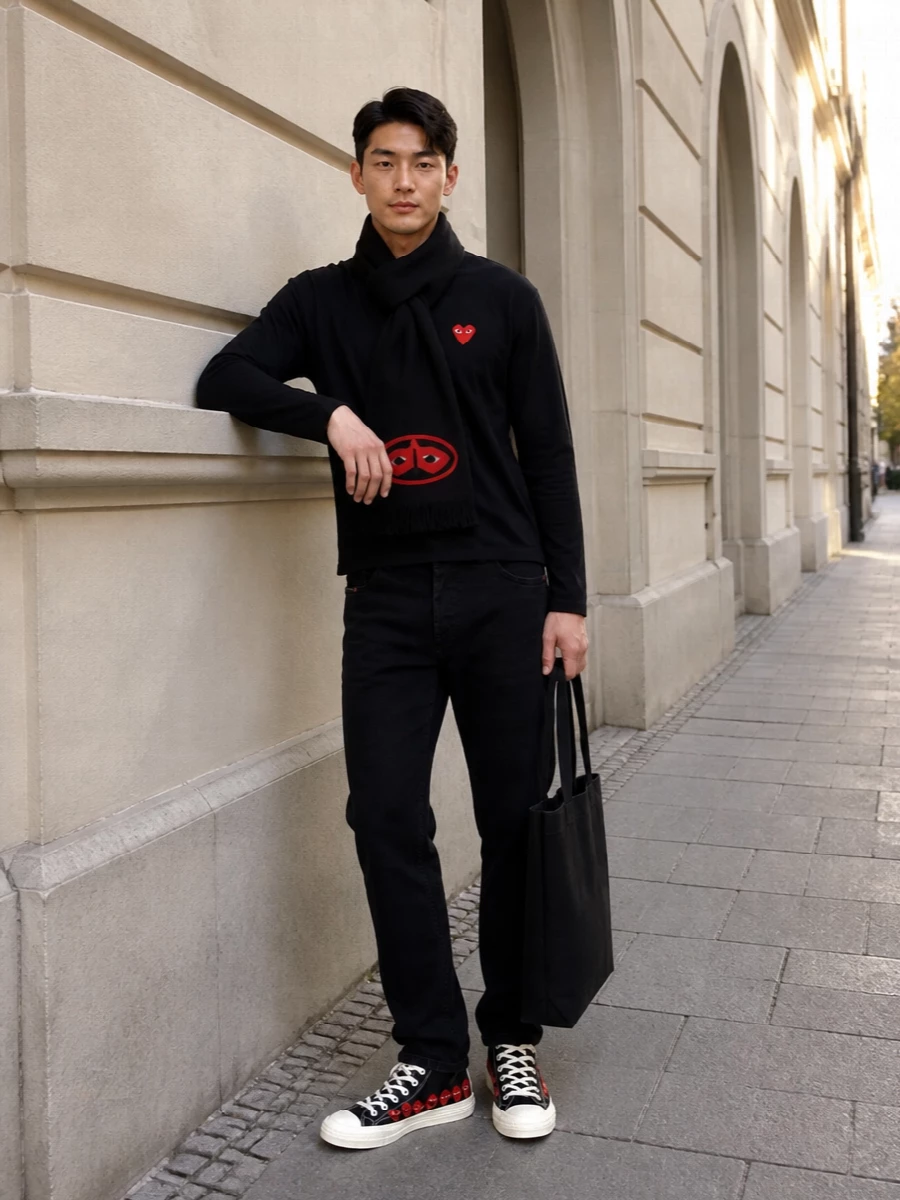 Comme des garcons play tee black jeans outfit