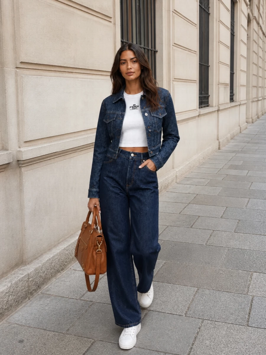 Fendi cropped denim jacket wide leg jeans outfit