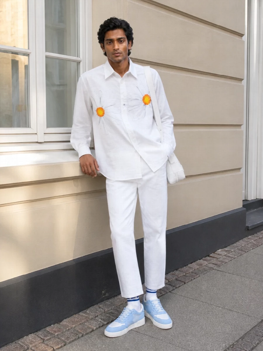 Moschino floral shirt white jeans sneakers