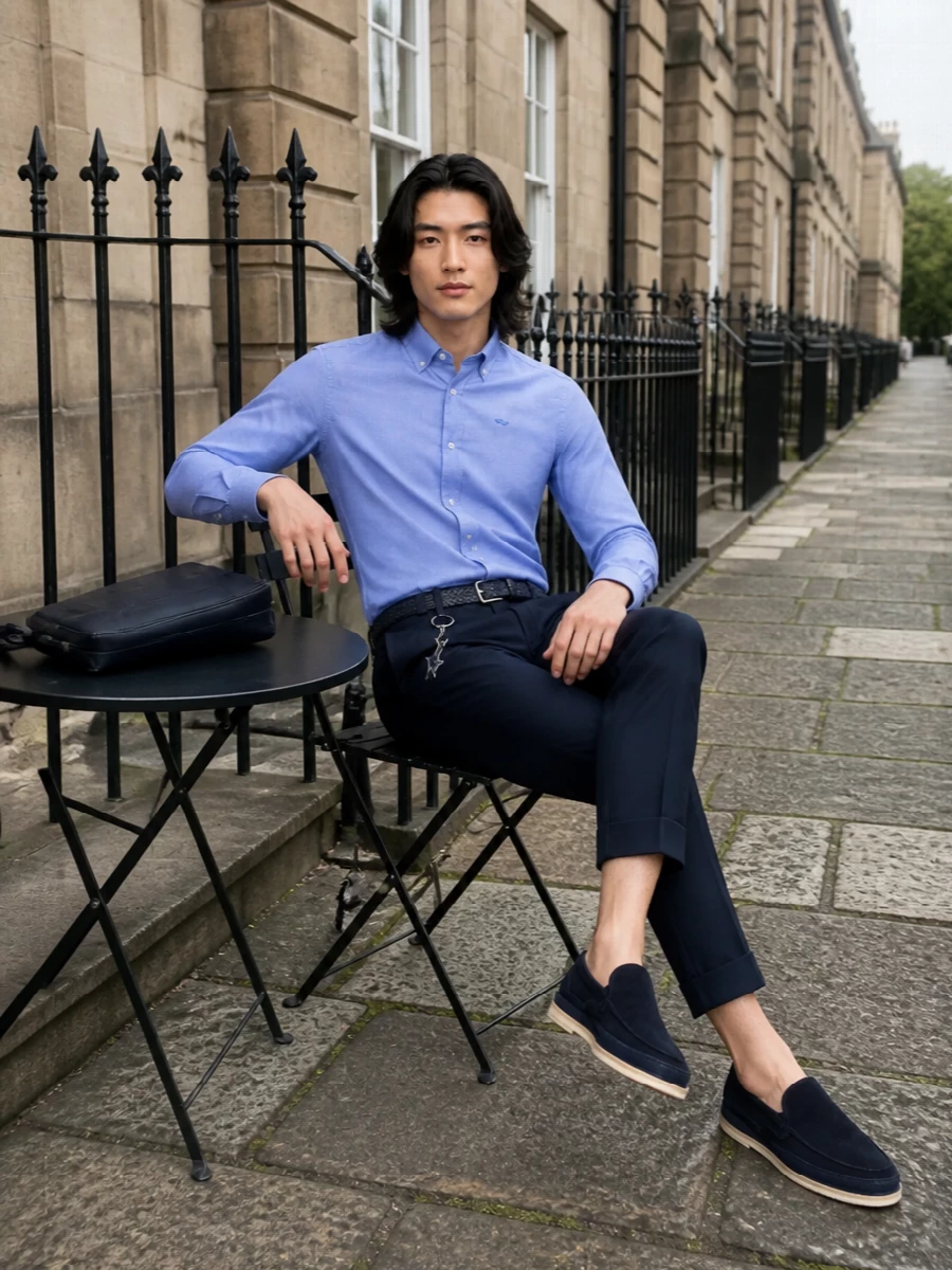A clean, navy-based city outfit that leans tailored without feeling stiff. The light blue shirt brightens the Paul & Shark trousers, while navy suede loafers and a structured backpack keep it polished for office or weekend plans. The braided belt finishes everything with a subtle nautical nod that stays firmly in the smart-casual lane.