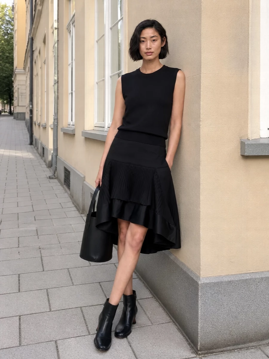 Sacai’s sleeveless knit tank meets an asymmetric black pleated midi for a quietly subversive, all-dark pairing that lets texture and movement do the work. Sculptural black ankle boots keep the line sharp, while a structured black bucket bag adds just enough precision for gallery days, late dinners, and everything in between.
