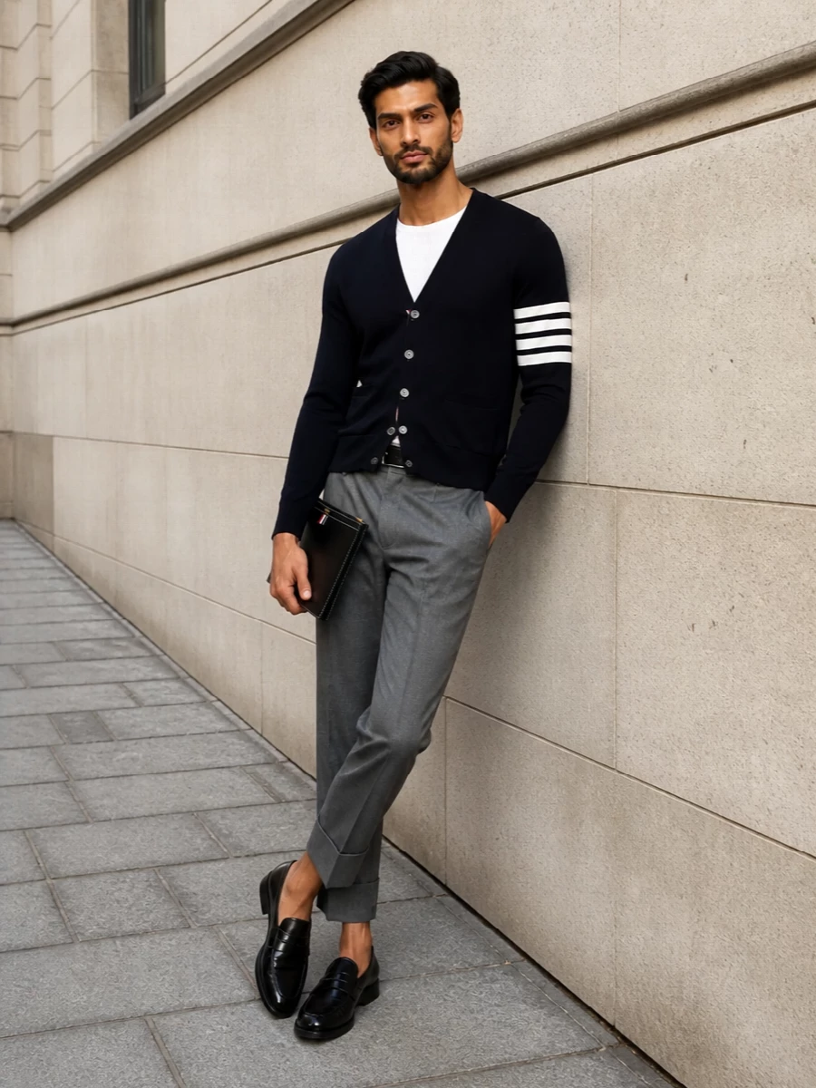 This look leans into Thom Browne’s modern uniform codes: an inky navy V-neck cardigan over sharply cropped grey cuffed trousers creates a crisp, collegiate silhouette in a pared-back navy-and-grey palette. Black penny loafers and a slim navy belt keep the lines clean and tailored, while the navy zip pouch adds a precise, graphic finishing touch that feels equally at home in a creative office or at a smart city dinner.