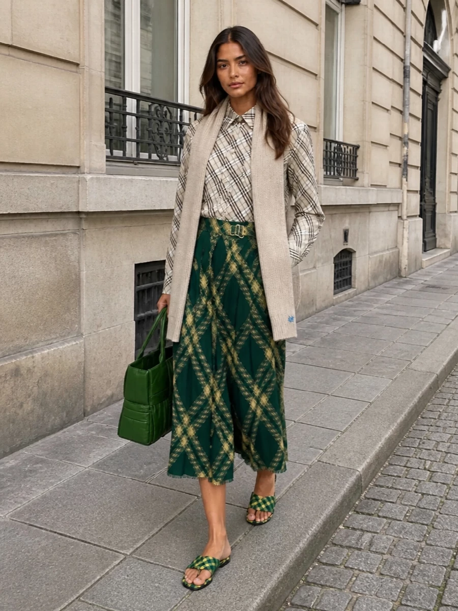 This look leans into Burberry’s heritage checks in a controlled way: the forest-green wrap midi skirt anchors everything with graphic drama, while the stone-beige diagonal check shirt softens and lightens the mood. Forest-and-butter slides keep it SS-relaxed yet coordinated, and the structured deep-green tote injects elevated, modern polish so the mix of pattern feels intentional and quietly luxurious rather than busy.