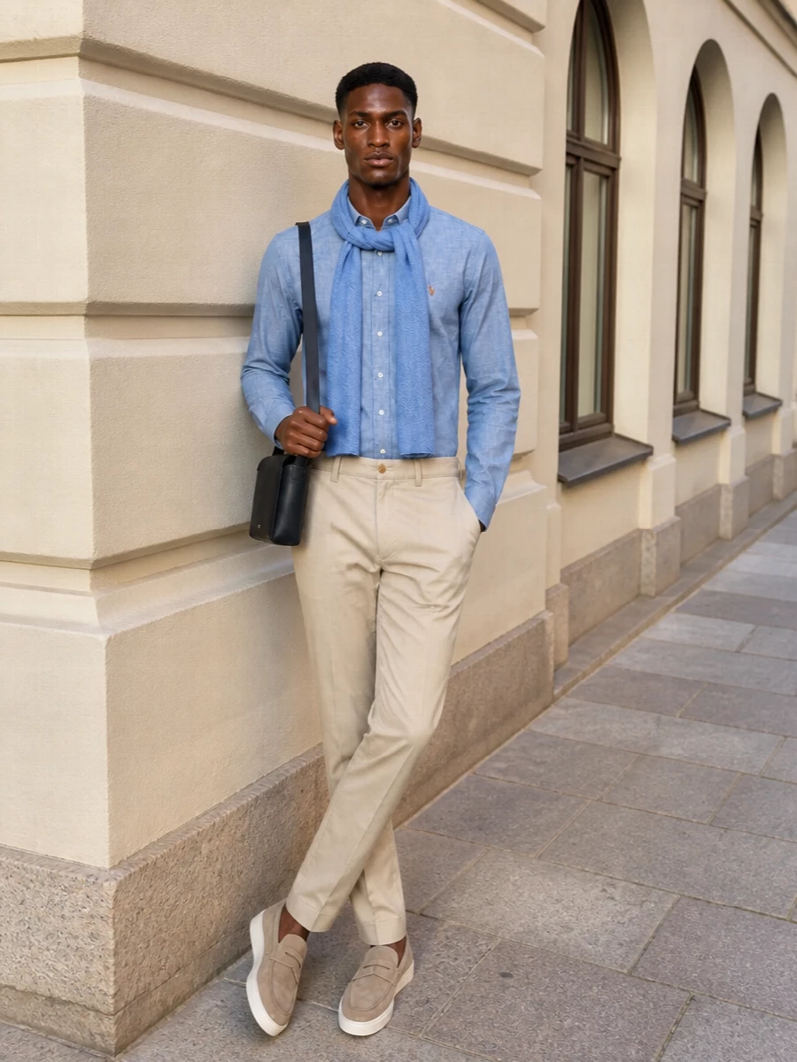 Ralph lauren chambray shirt beige chinos outfit