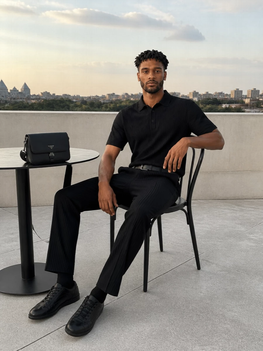 A black pleated polo meets matching pleated trousers for a precise monochrome column that feels calm and graphic. All-black Prada sneakers and a structured crossbody keep the lines clean while the slim belt quietly defines the waist. The result is a modern, gallery-ready uniform that moves easily from daytime meetings to low-key dinners.