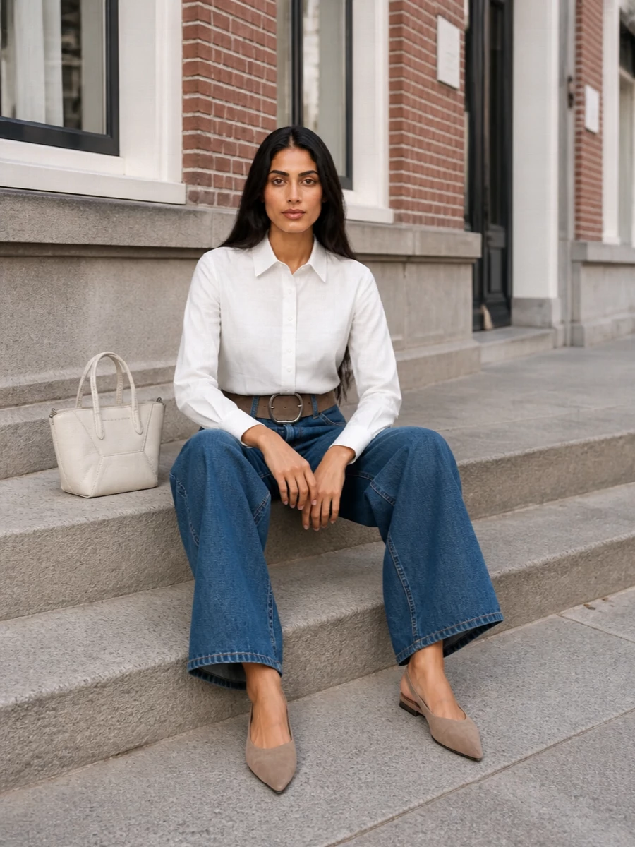 Brunello cucinelli wide leg jeans white shirt