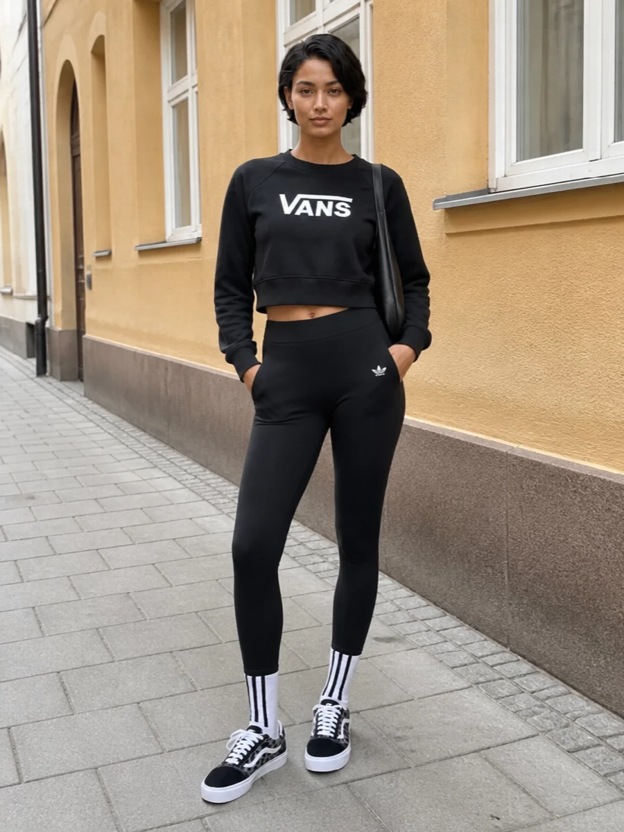 Vans sweatshirt black leggings checkered sneakers