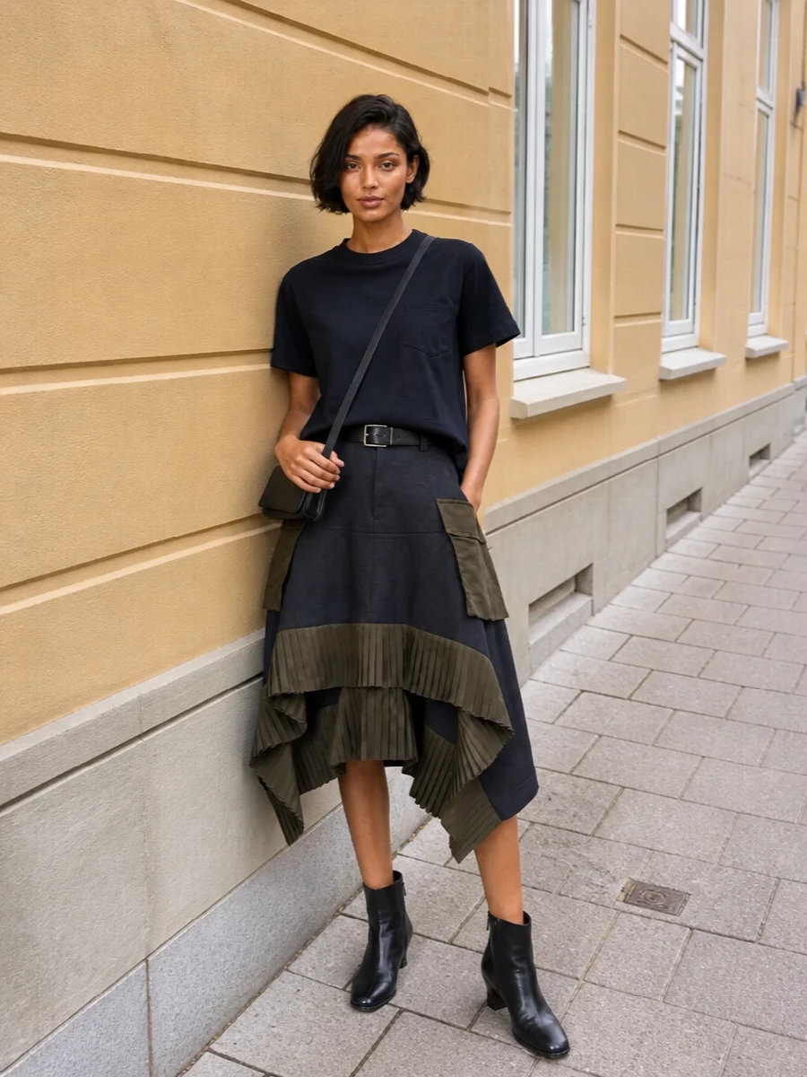 Sacai asymmetric skirt black ankle boots outfit