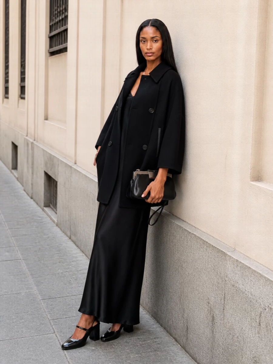 Max mara black cape coat satin slip outfit