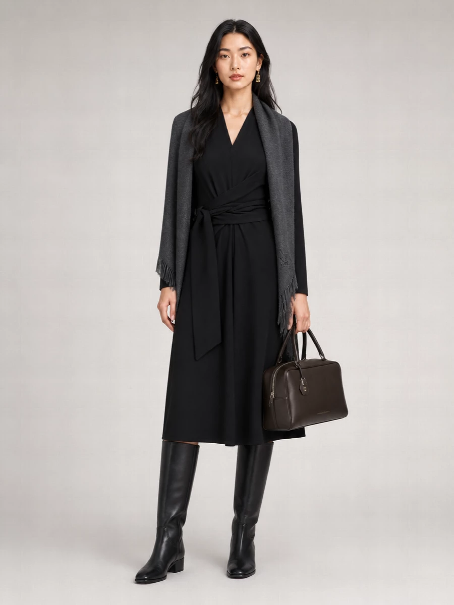 Brunello Cucinelli Virgin Wool V-Neck Wrap Midi Dress
