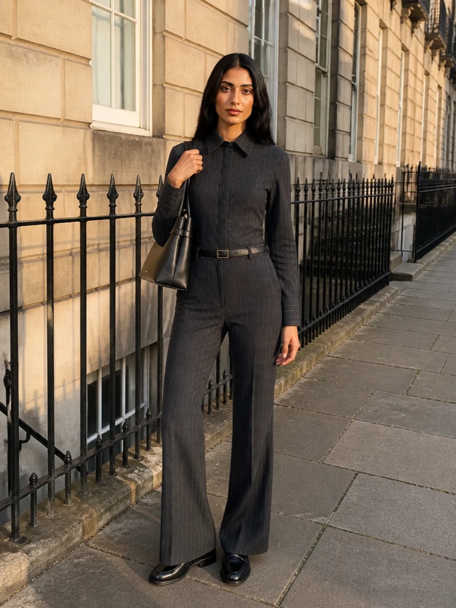 A precise charcoal pinstripe suit sets a sharp vertical line, the high-waisted flare balanced by a lean, sculpted jacket. Black loafers and a structured top-handle bag keep the mood clean and androgynous, with a slim leather belt quietly defining the waist. It is boardroom-ready tailoring that reads just as considered at a late dinner table.