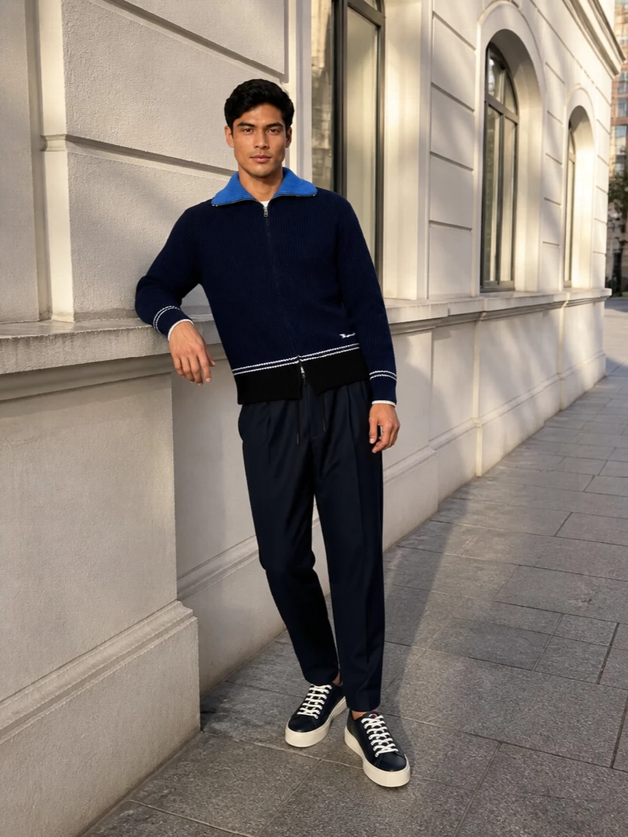 Marni navy cardigan drawstring trousers sneakers