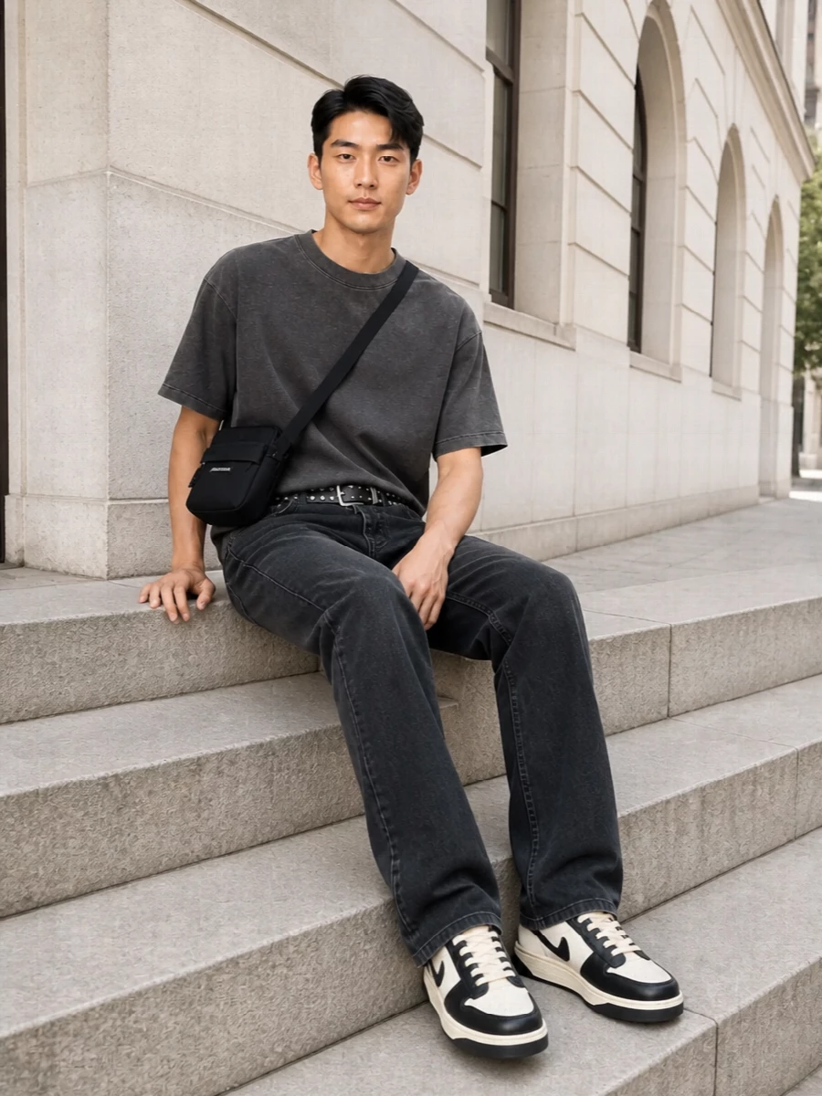 Represent washed black jeans charcoal tee sneakers