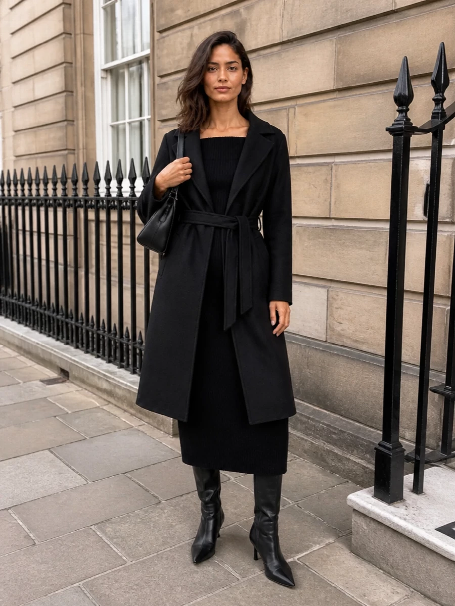 Max mara black wrap coat ribbed maxi dress