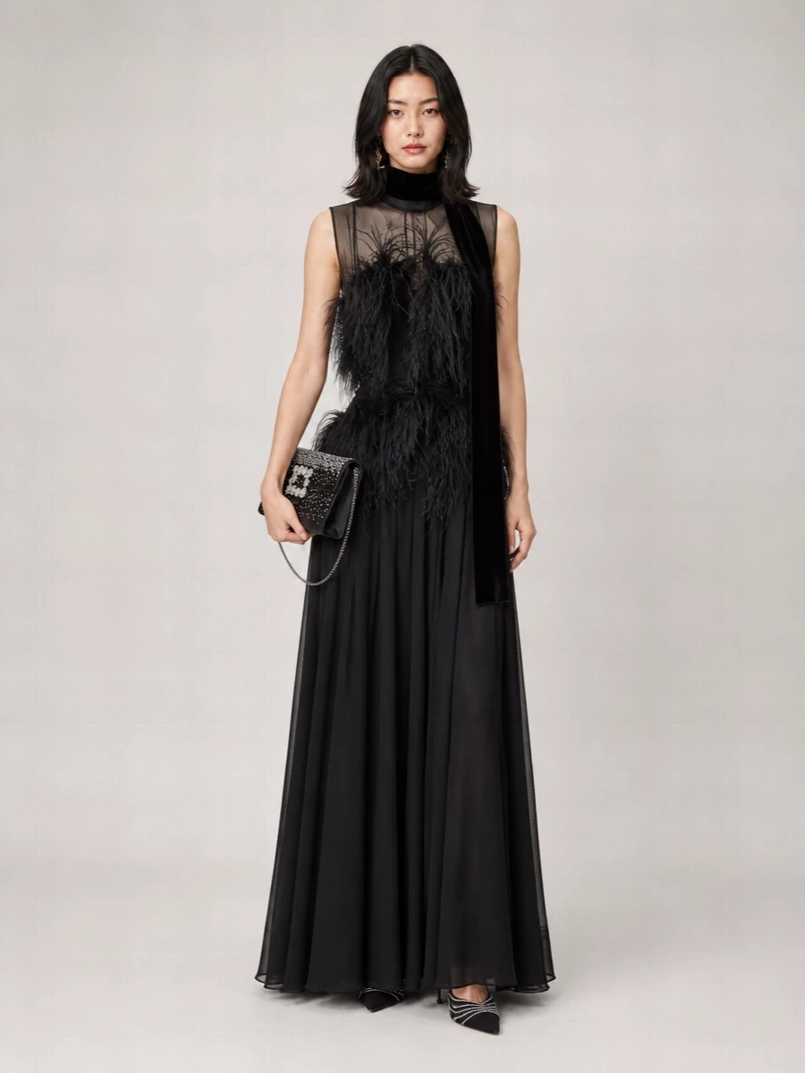Alberta Ferretti Silk Chiffon Feather-Embellished Sleeveless Maxi Dress