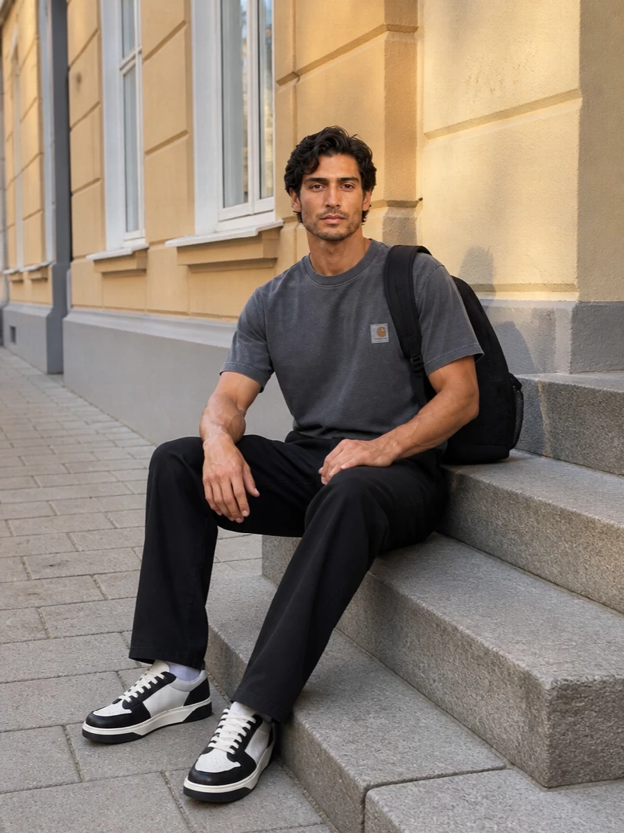 Carhartt work pants charcoal tee sneakers