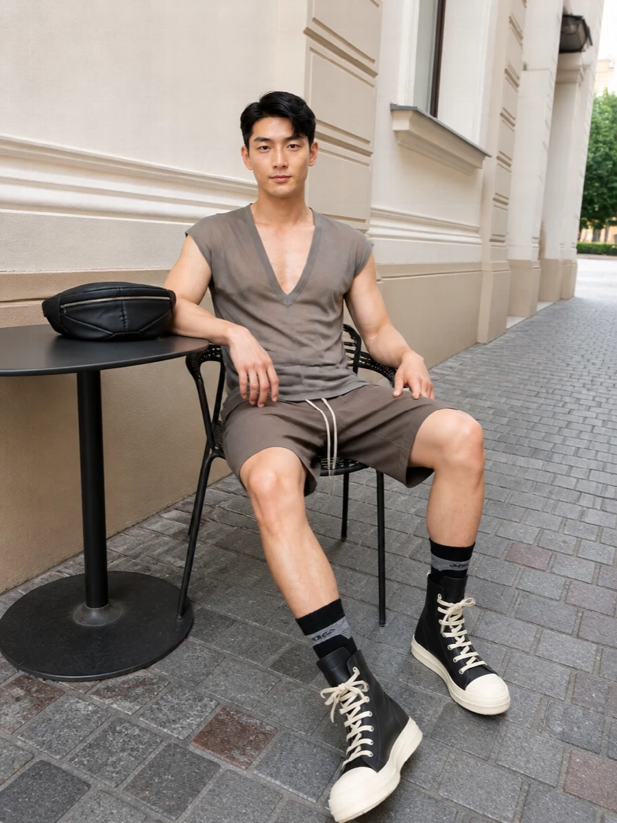 Rick owens longline tank drop shorts hi top sneakers