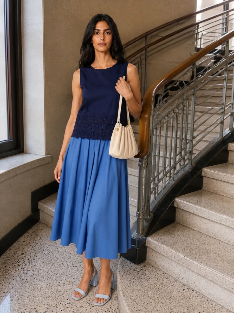 Parosh blue midi skirt navy top heel outfit