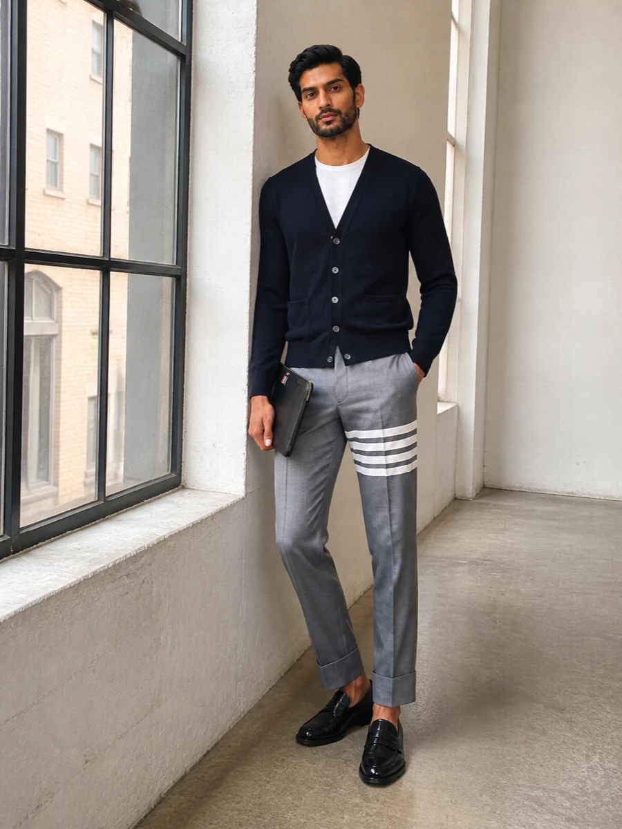 Thom browne navy cardigan grey trousers outfit