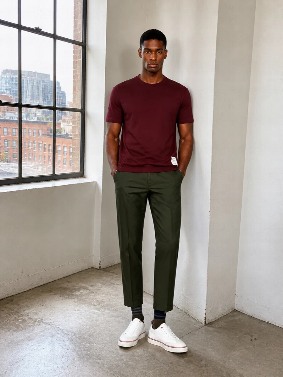Thom browne burgundy tee olive trouser outfit