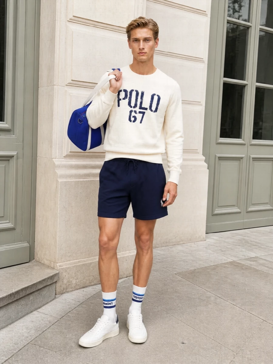 Polo ralph lauren cream sweatshirt navy shorts outfit