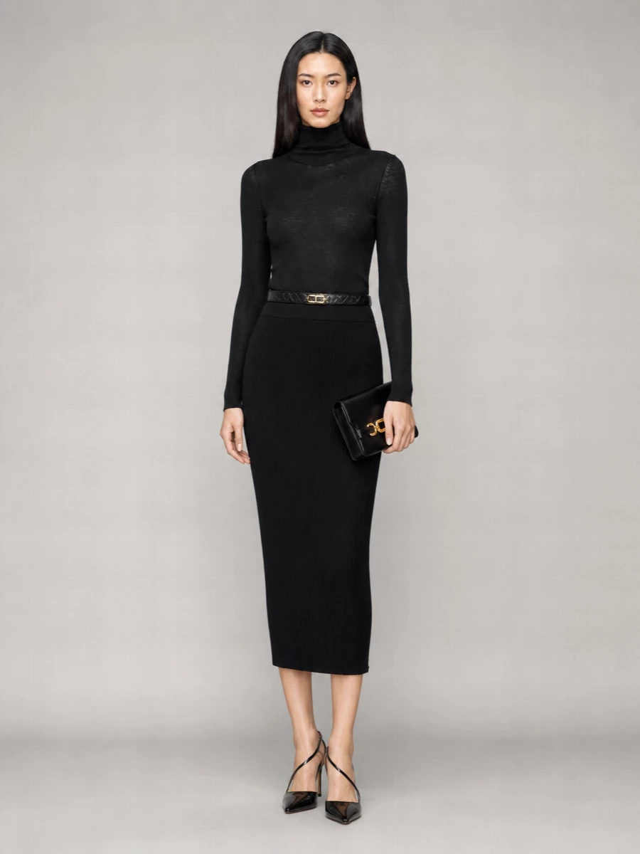 Tom Ford Ribbed Silk Midi Pencil Skirt