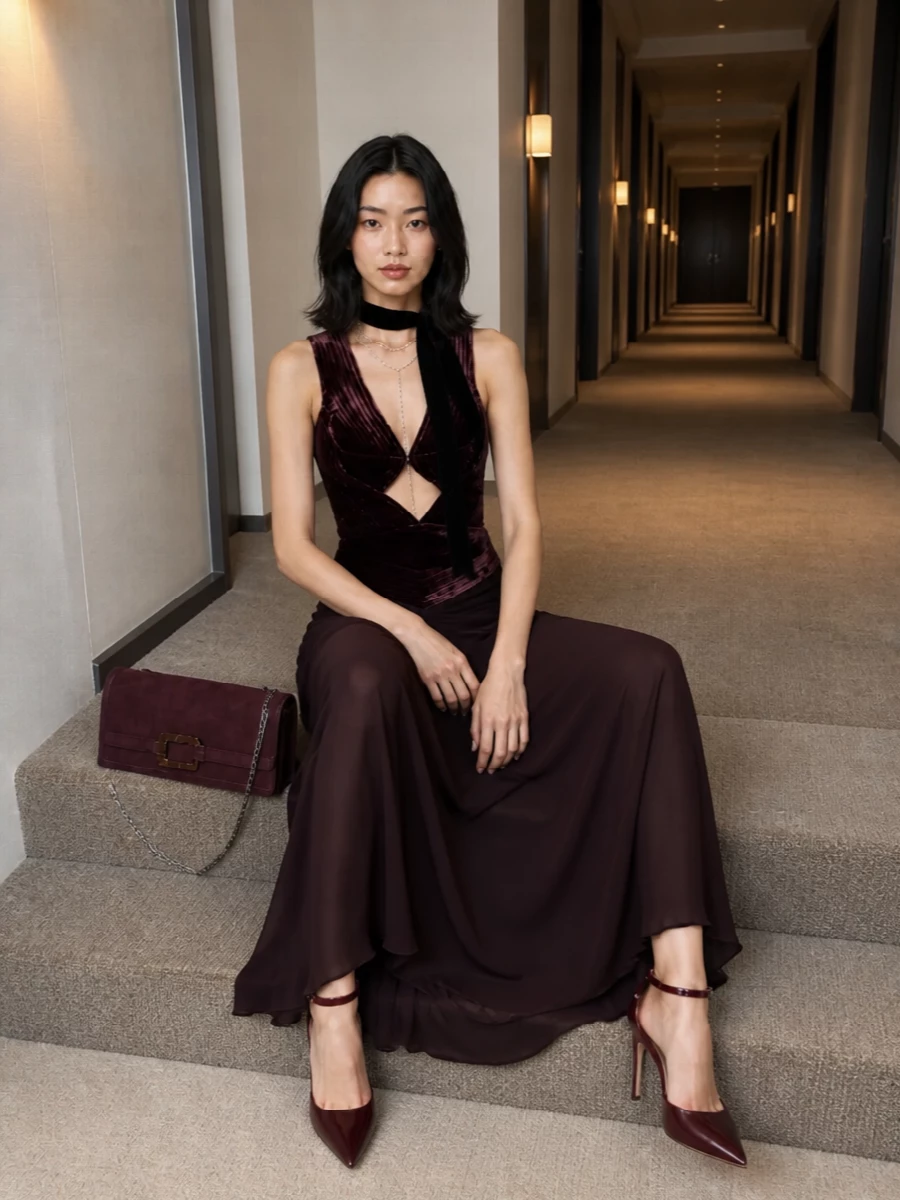 Zimmermann velvet evening dress burgundy heels