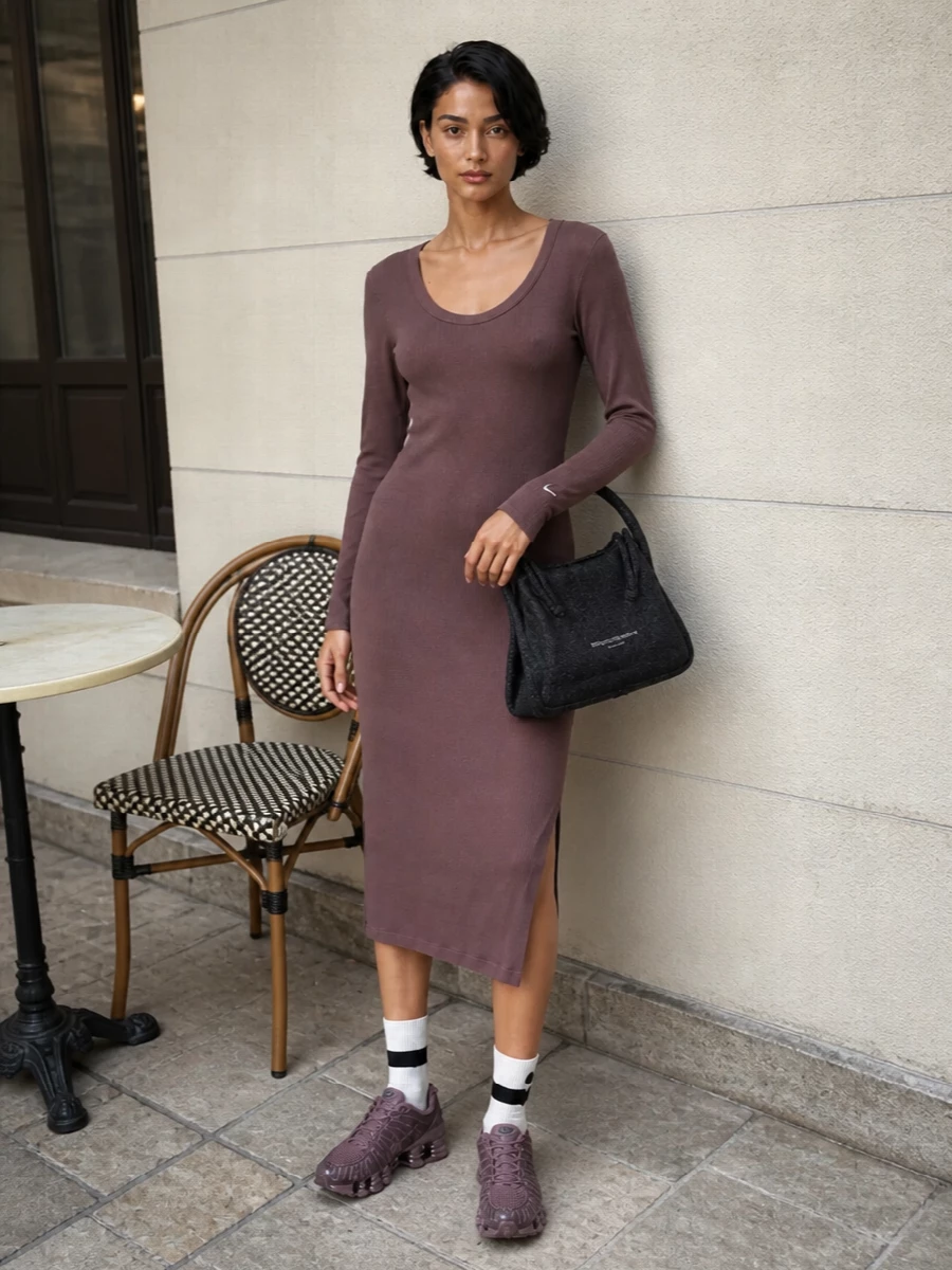 Nike ribbed midi dress mauve sneakers outfit