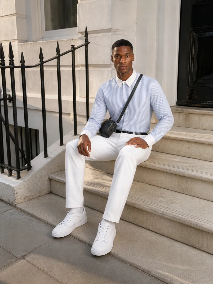 Celine striped shirt white trousers sneakers
